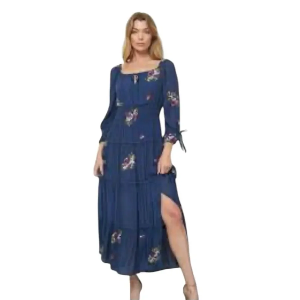 Fig and Flower Blue Embroidered Floral Tiered Modern Boho Maxi Peasant Dress L